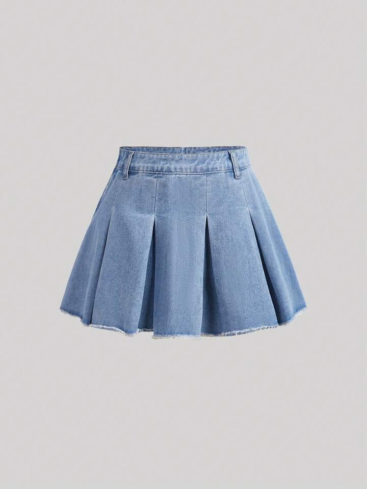 SHEIN Tienermeisje Stevige Geplooide Onbewerkte zoom Denim rokken | SHEIN