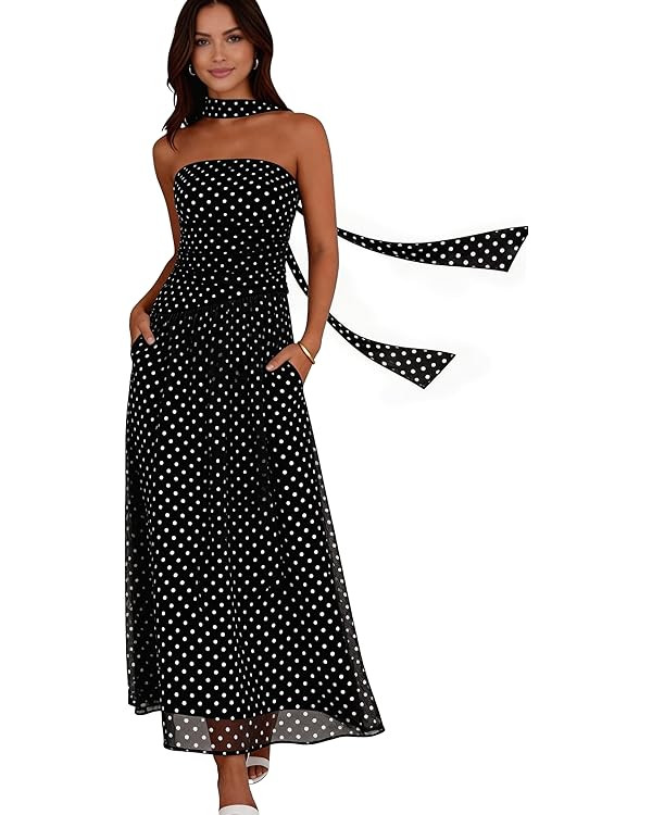 Summer Maxi Dresses for Women 2026 Strapless Ruched Tube Dress with Scarf Beach Vacation Spring W... | Amazon (US)