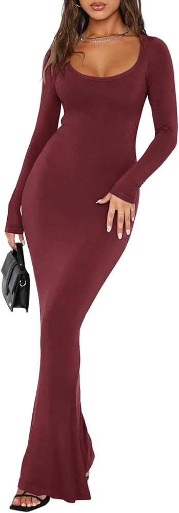 REORIA Womens Basic Sexy Square Neck Long Sleeve Soft Lounge Long Dress Fall Casual Ribbed Bodyco... | Amazon (US)