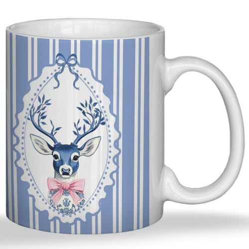 FITIE Coquette Blue Chinoiserie Christmas Reindeer Mug, Grandmillennial Christmas Deer Ceramic Coffee Mug with Handle, Xmas Striped Holiday Tea Cup Coffee Cup for Home Office Work, 11 oz | Amazon (US)