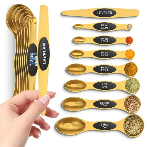Magnetic Measuring Spoons Set with Strong N45 Magnets, Heavy Duty Stainless Steel Metal, Fits in Most Kitchen Spice Jars for Baking & Cooking, BPA Free, Multicolor, Set of 8 with Leveler(Gold) | Amazon (US)