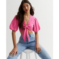 Bright Pink Linen Blend Tie Front Crop Top New Look | New Look (UK)