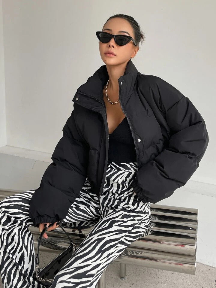 DAZY Zipper Front Drop Shoulder Puffer Thick Pockets Coat | SHEIN