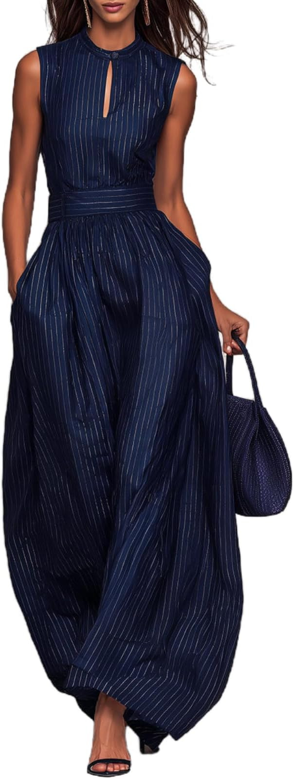 REASERAL Womens Sleeveless Striped Wide Leg Jumpsuit Stand Collar Keyhole Front Belted Palazzo Pa... | Amazon (US)