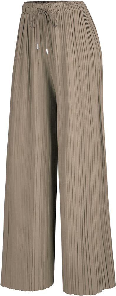 Women's Premium Pleated Maxi Wide Leg Palazzo Pants Gaucho- High Waist with Drawstring | Amazon (US)
