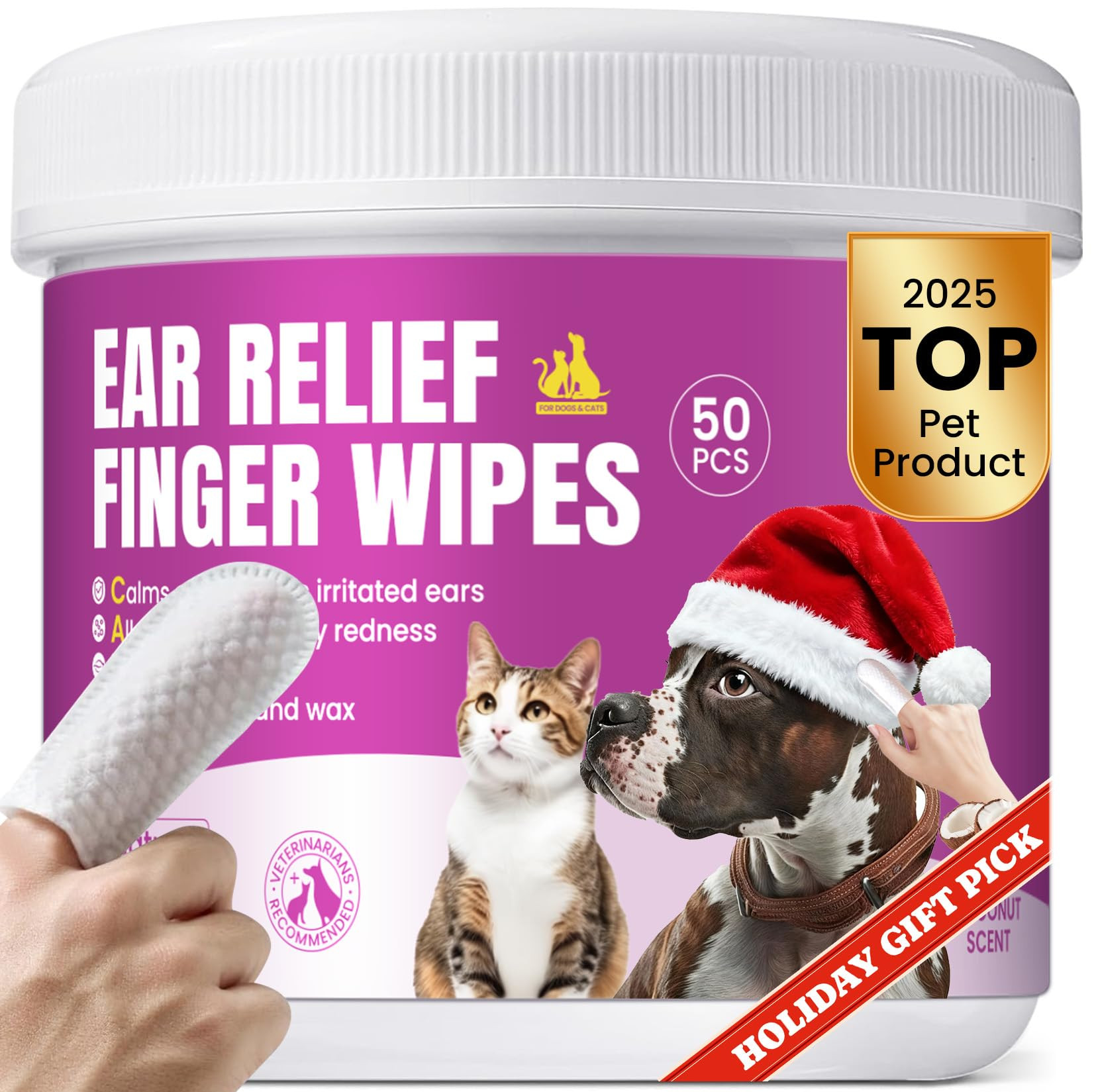 Pet Ear Cleaning Finger Wipes for Dogs & Cats - Dog Ear Cleaner with Aloe, Coconut Oil & Ginseng ... | Amazon (US)