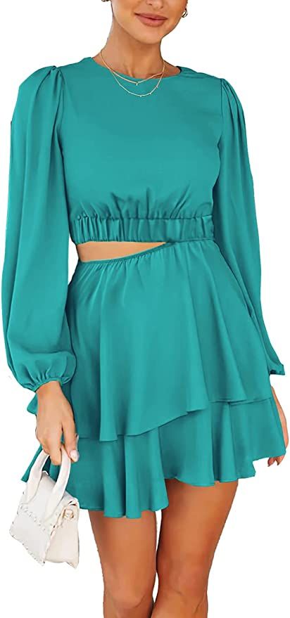 PRETTYGARDEN Women's Casual Spring Dresses Long Puff Sleeve Cut Out Tiered Ruffle Pleated Short D... | Amazon (US)