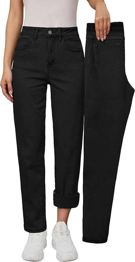 Arach&Cloz Women's Thin Fleece Lined Jeans High Waisted Stretch Warm Straight Leg Pants 2025 | Amazon (US)