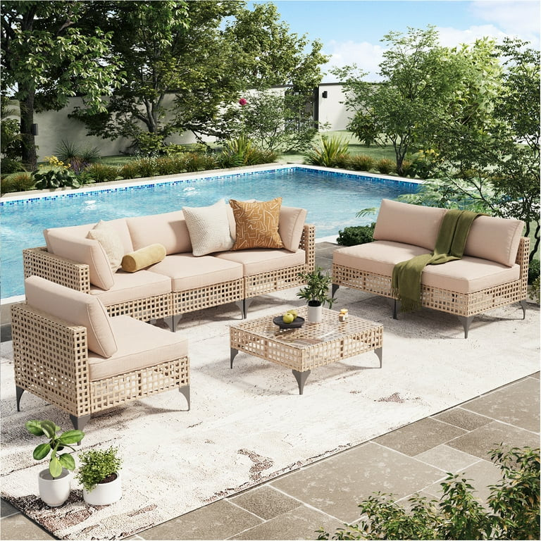 YODOLLA 7-Piece Patio Furniture Set with Tea Table, Rattan Wicker Outdoor Sectional Furniture Sof... | Walmart (US)