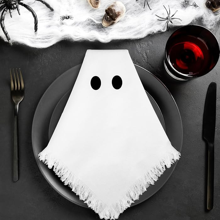 Whaline 4 Pcs Halloween Cloth Napkins Spooky White Ghost Dinner Napkin Washable Reusable Kitchen ... | Amazon (US)