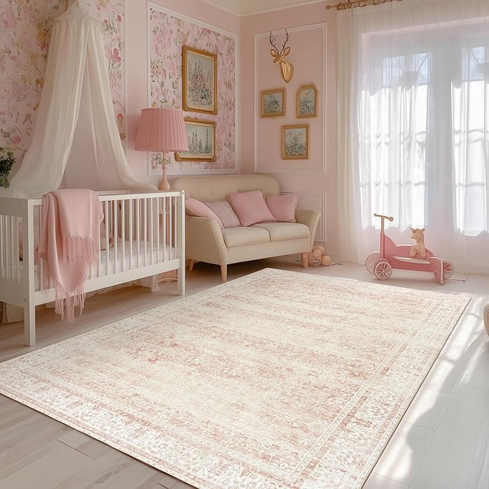 Light Pink Bedroom Rugs 6x9 Vintage Distressed Aesthetic Cute Boho Floral Feminine Low Pile Soft ... | Amazon (US)