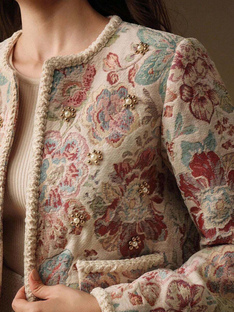 Anewsta Elegant Romantic Open Front Jacket, Woolen Fabric With Floral Embroidery, Pearl Decor, Br... | SHEIN