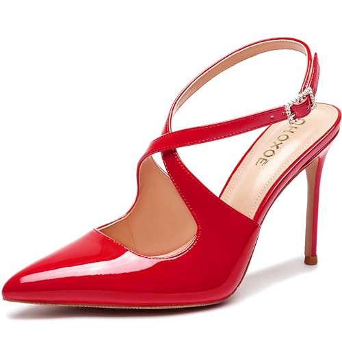 OHOXOE Red Slingback Heels for Women Closed Pointed Toe Stiletto Pumps Cross Strap Dress Shoes Wedding Party Prom Evening Dressy Comfortable Pumps Shoes Size 5.5 | Amazon (US)