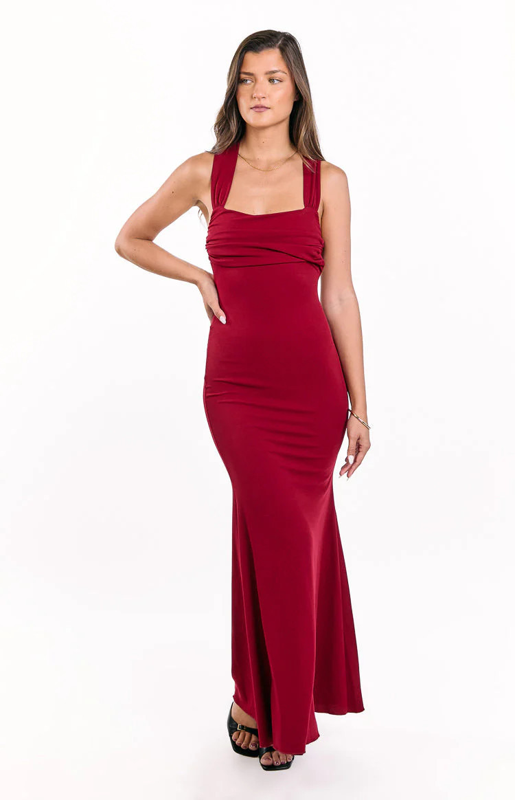 Beverley Wine Crepe Maxi Dress | Beginning Boutique (US)