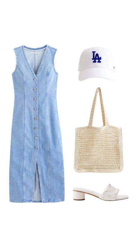 Abercrombie, denim dress, baseball hat, tote bag, heel sandals 

#LTKitbag #LTKstyletip
