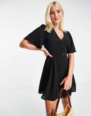 ASOS DESIGN button through tie back mini tea dress with angel sleeve in black | ASOS (Global)