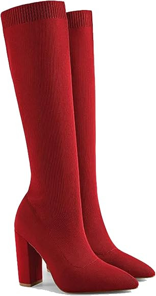 NEWBELLA Womens Knee High Boots Mousse Fit Stretch Knitted Socks Chunky Block Heel Non-Slip Boots | Amazon (US)