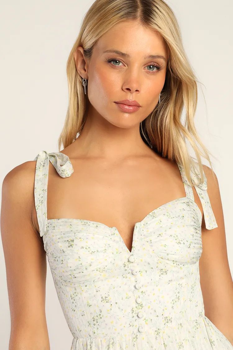 Catalina Cutie Ivory Floral Ruffled Tie-Strap Mini Dress | Lulus (US)