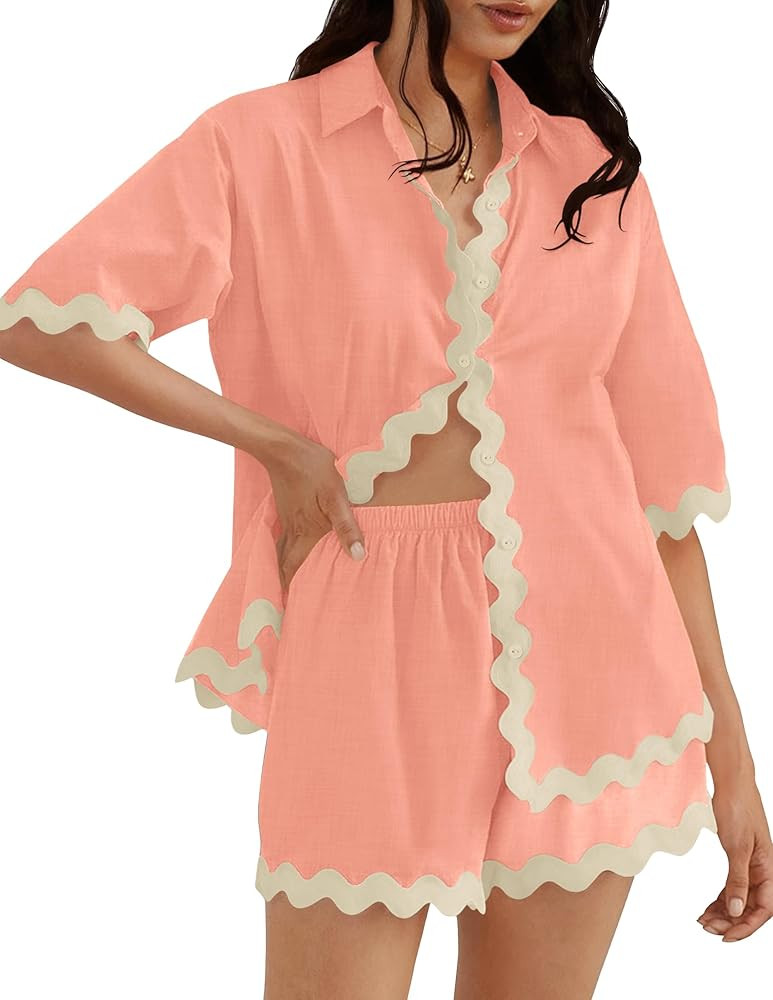 ZESICA Women's Button Down Pajama Set Line Short Sleeve Shirt and Shorts Pj Lounge Sets Sleepwear... | Amazon (US)