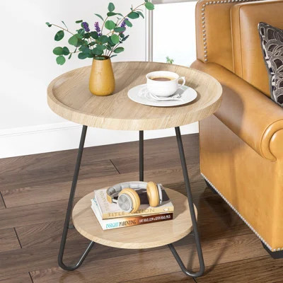 Wooden End Table, 2-Tier Round Side Table With Black Metal Frame, Modern Industrial Accent Table | Wayfair North America