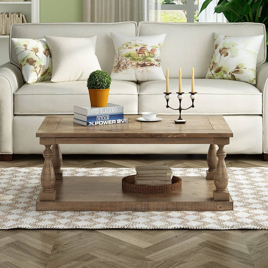 Merax Modern Farmhouse Coffee Table, Solid Wood with Floor Shelf, Walnut | Amazon (US)