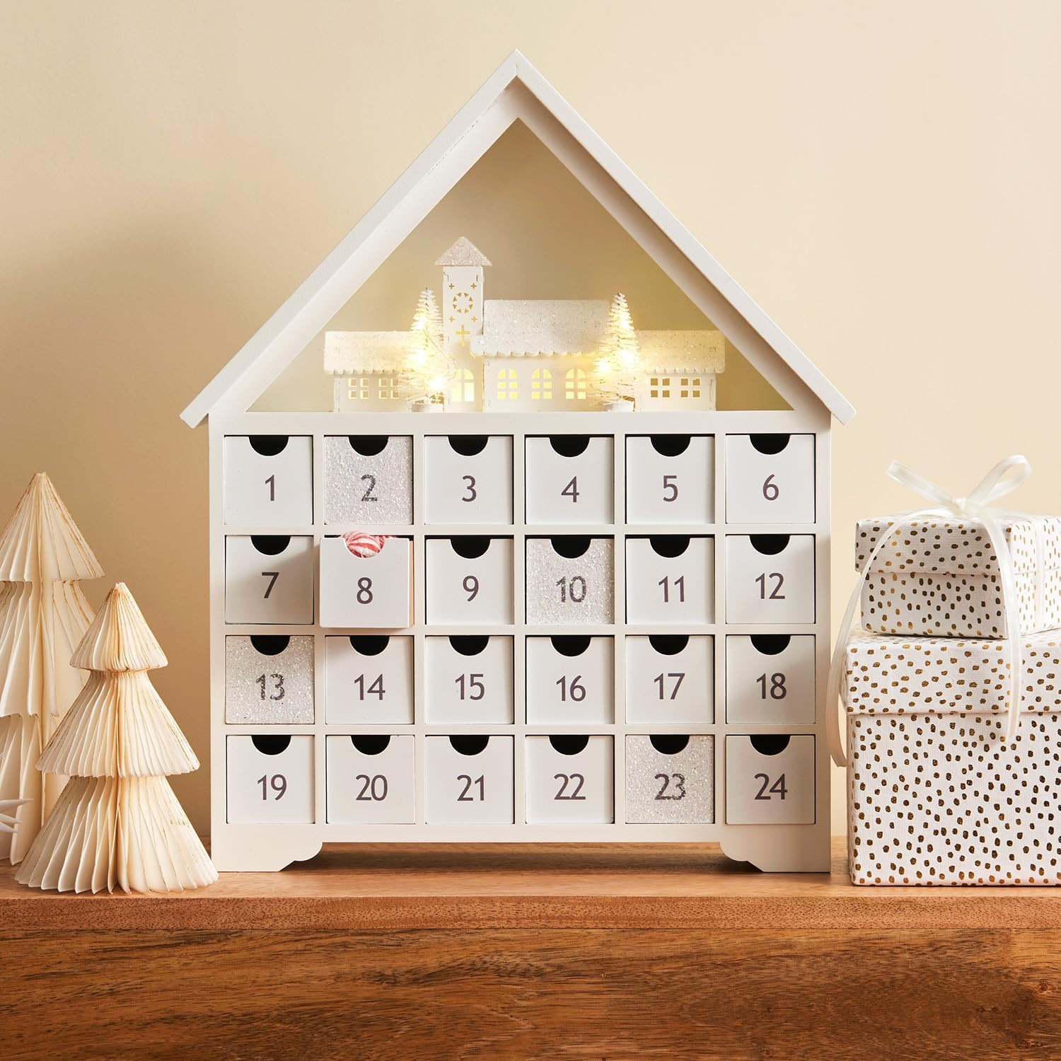Wooden Advent Calendar with Drawers, 16 Inch Reusable Advent Calendar with Lights, White Christma... | Amazon (US)