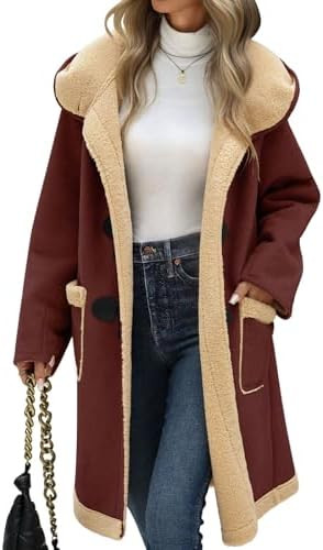 Women's Faux Suede Coat Sherpa Fleece Lined Oversize Duffle Coat Winter Mid-Length Hooded Toggle ... | Amazon (US)