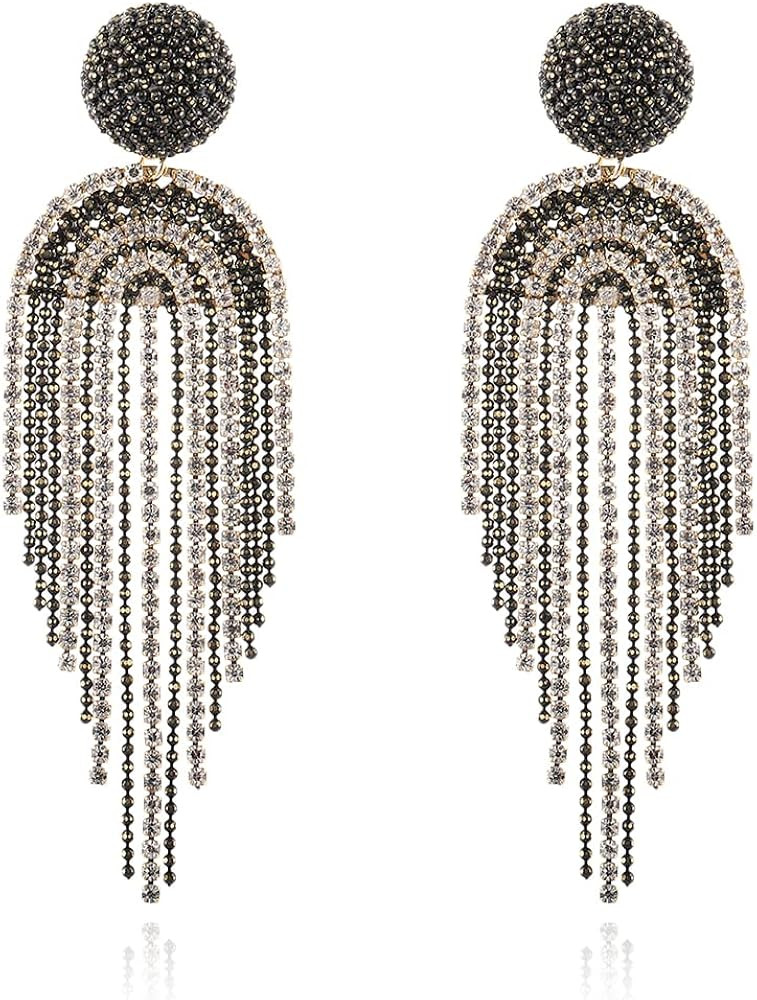 SLODEN Basic Fringe Linear Drop Earrings Rhinestones Tassel Chandelier Earrings for Women and Gir... | Amazon (US)