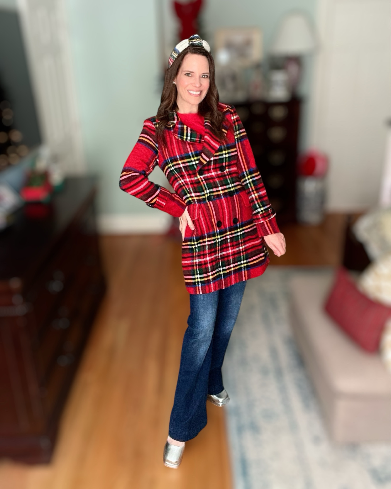 Red & Tartan Holiday Outfit

The most classic Christmas combo — bright red, cozy textures, and a touch of tartan! This embellished red sweatshirt is such an easy festive top for December, and the plaid double-breasted coat layers over it perfectly. I paired everything with dark-wash bootcut denim, my tartan mini shoulder bag, a padded plaid headband, and these fun metallic platform heels for a little holiday sparkle. Such a cute outfit for parties, photos, school events, or casual Christmas outings!

holiday outfit • Christmas plaid • tartan coat • red sweatshirt outfit • festive headband • holiday casual look • Amazon holiday finds • BaubleBar $10 bracelets • winter outfit ideas • classic Christmas style • December fashion • cozy holiday pieces • giftable accessories • silver platforms • holiday style inspo

#LTKHoliday #LTKFindsUnder100 #LTKFindsUnder50