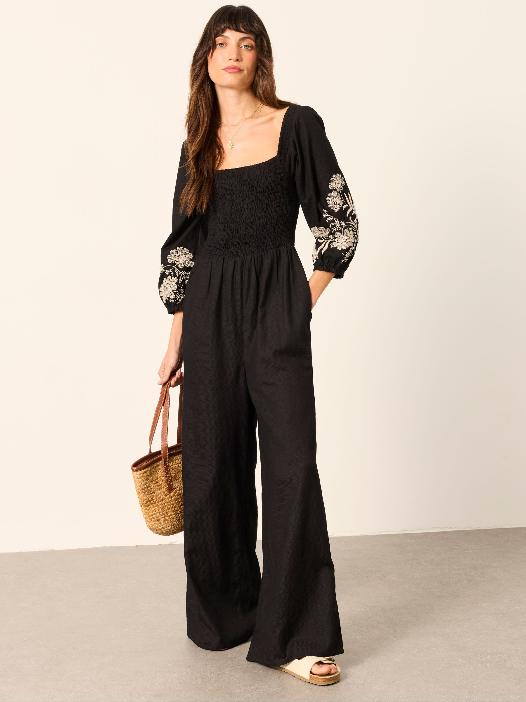 Adele Black Embroidered Petite Shirred Jumpsuit | Fat Face