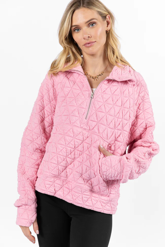 Love Is Everything Pink Quilted Quarter Zip Pullover | Pink Lily