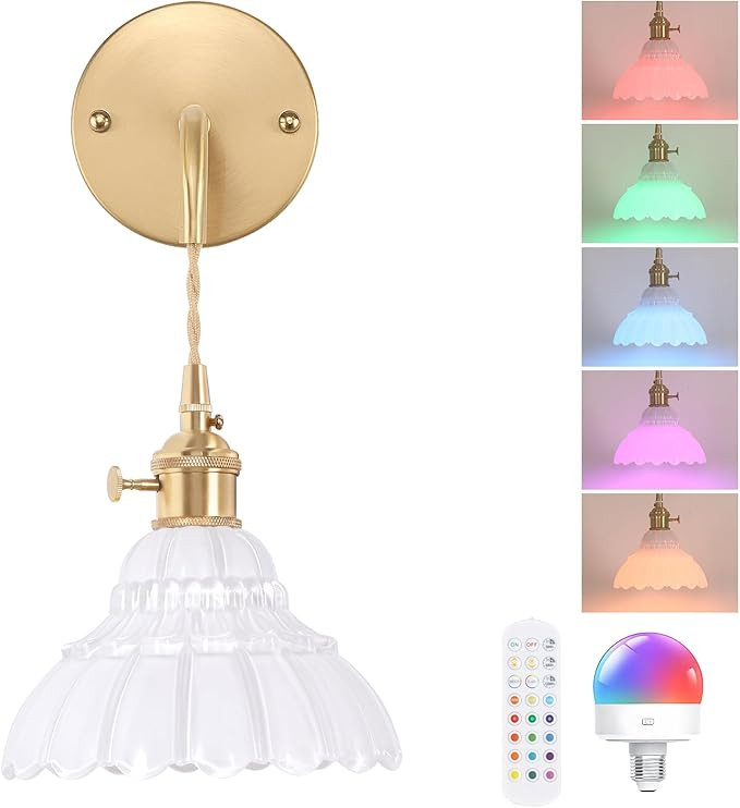 Battery Operated Wall Sconce with White Lily of The Valley Shade Glass Adjustable Chain Retro Wal... | Amazon (US)