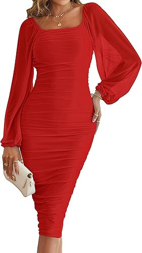MEROKEETY Women's Long Sleeve Wedding Guest Formal Dress Fall Winter Ruched Bodycon Mesh Cocktail... | Amazon (US)