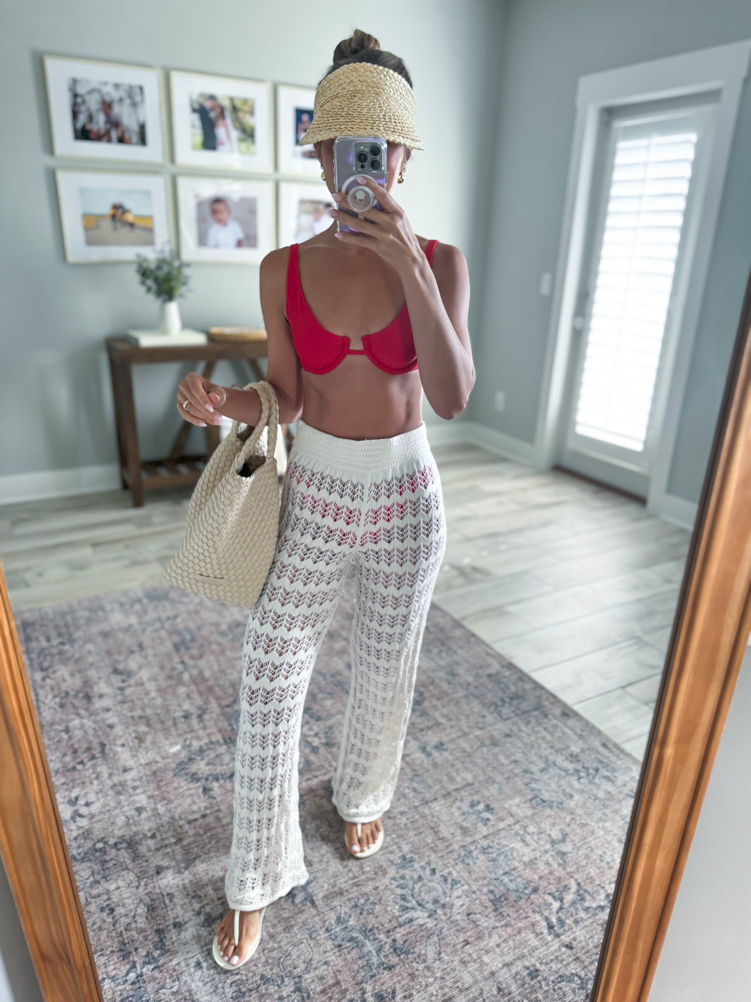 4th of July outfit. Resort wear. Vacation outfit. Fourth of July swimsuit. Abercrombie crochet pants in XXS short. Abercrombie high leg cheeky bikini in XS. Amazon straw visor. Naghedi tote in medium, ecru. They Burch jelly miller sandals (whole sizes only so I sized up to a 7, am usually a 6.5).

#LTKTravel #LTKSummerSales #LTKShoeCrush