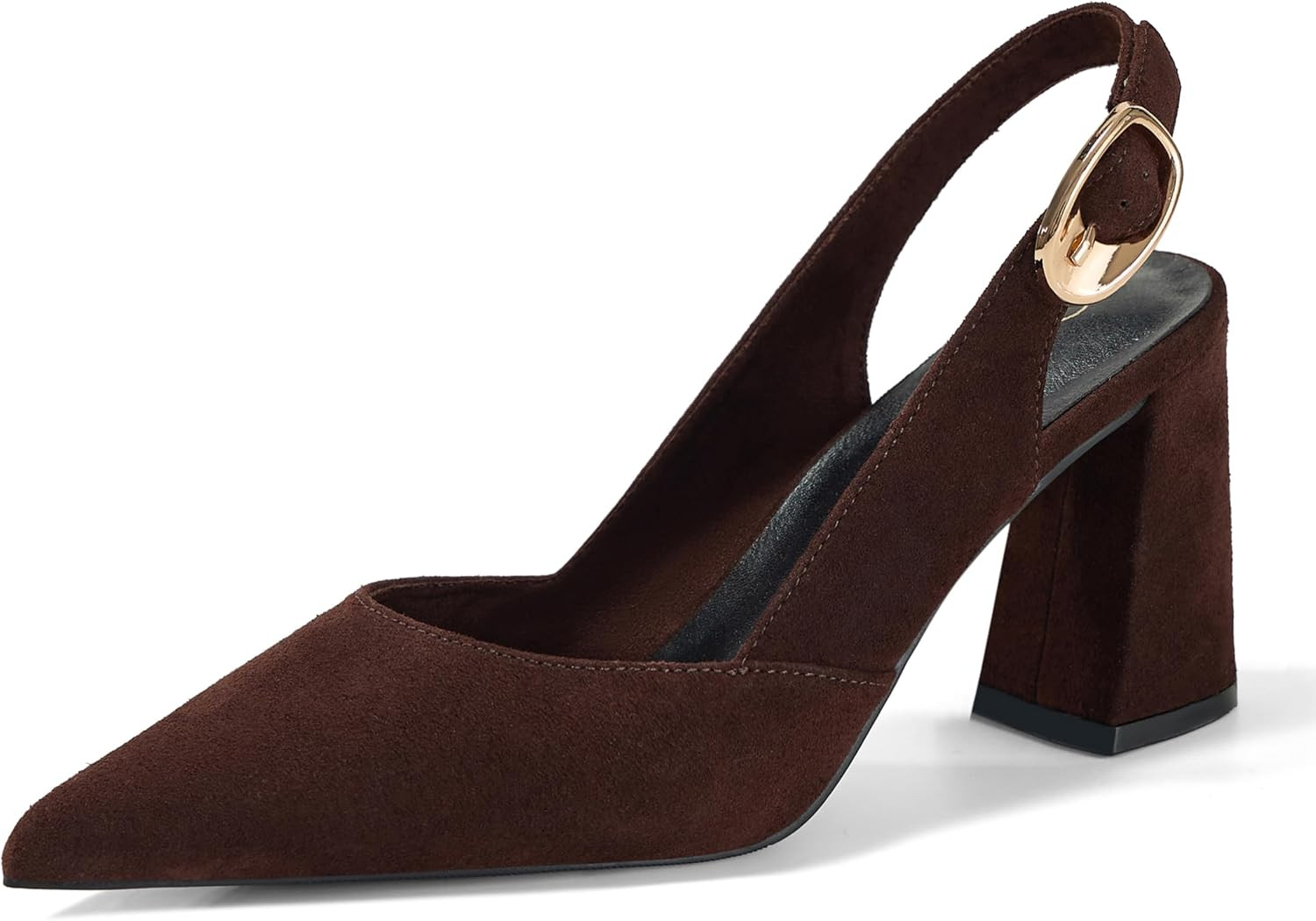 Womens Genuine Leather Pointed Toe Slingback Pumps Block Heel Shoes | Amazon (US)
