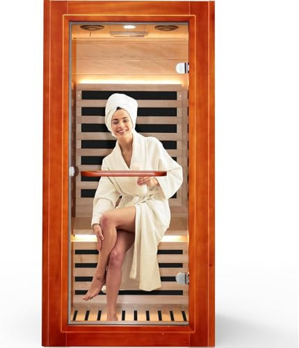 HOSAUNA Far Infrared Saunas for Home 1 Person Wood Sauna 1080W/110V Low Emf Dry Sauna Indoor Sauna Room with Tempered Glass Door/Speakers and LED Lighting for Home Gym Spa- 32 x 32 x 63 in | Amazon (US)