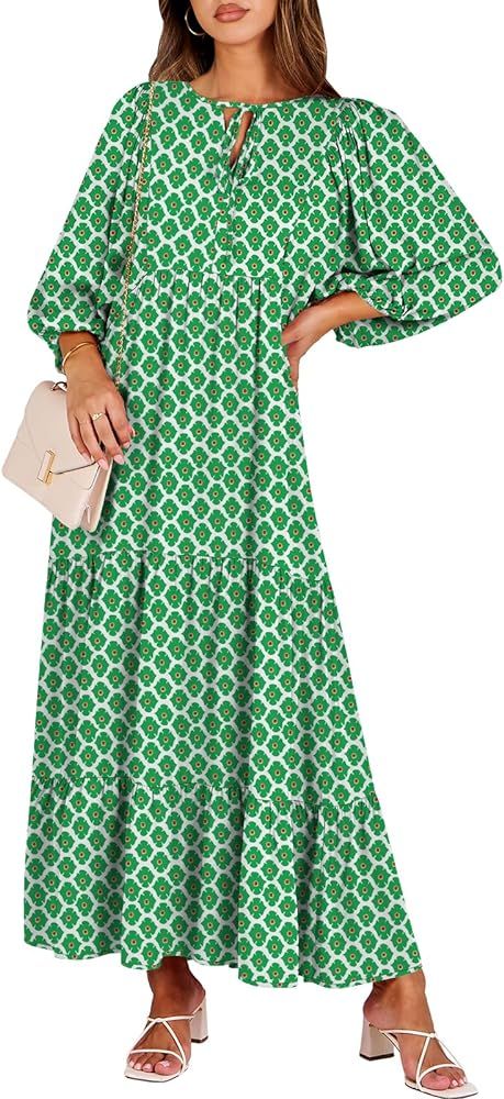 ANRABESS Womens Summer Maxi Dresses 2024 Boho Long Flowy Tropical Floral V Neck Puff Sleeve Casua... | Amazon (US)