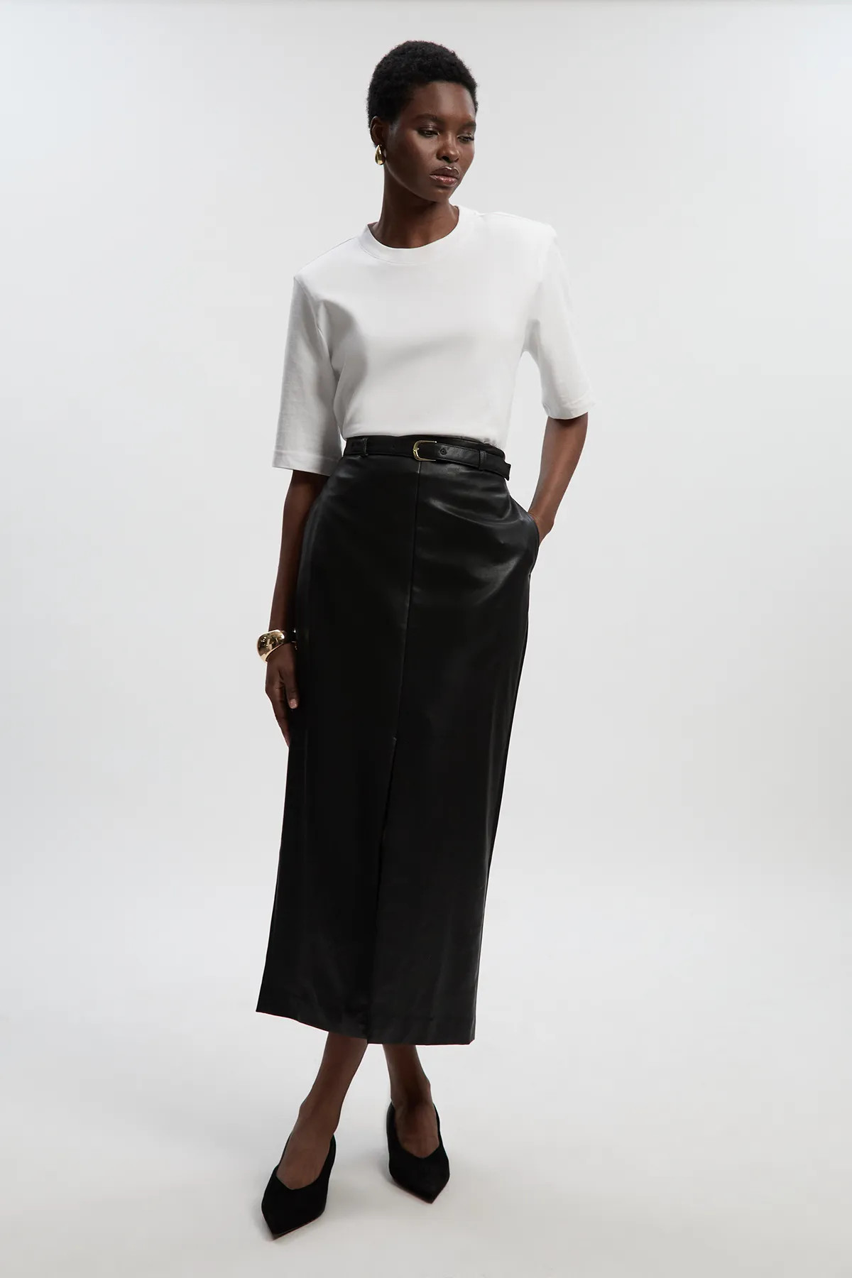 Faux Leather Tailored Midi Pencil Skirt | Karen Millen US