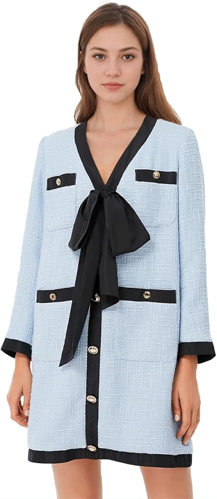 Women's Elegant Tweed Bow Dress V Neck Button Down Long Sleeve Bodycon Mini Dress with Back Zip | Amazon (US)