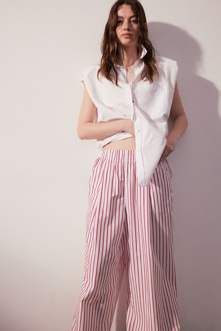 Wide cotton trousers - Low waist - Long - White/Red striped - Ladies | H&M GB | H&M (UK, MY, IN, SG, PH, TW, HK)