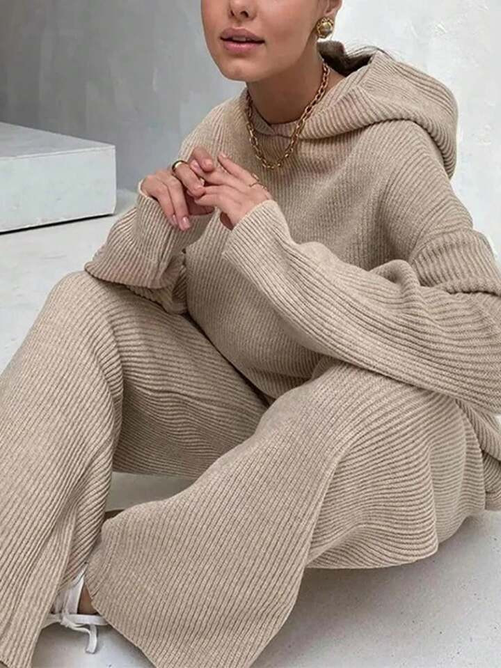 SHEIN Essnce 2pcs Women Solid Color Long Sleeve Hooded Sweater & Wide Leg Pants Casual Set For Au... | SHEIN