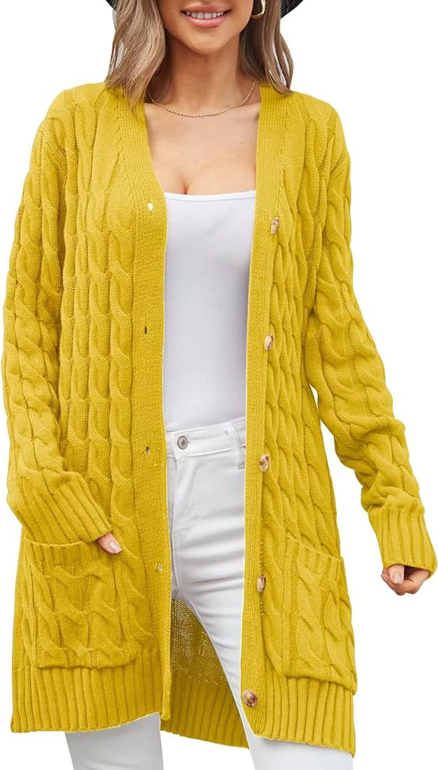 Women's Twist Cable Knit Cardigan Draped Long Sweater Coats with Side Pockets Button Front Fall W... | Amazon (US)