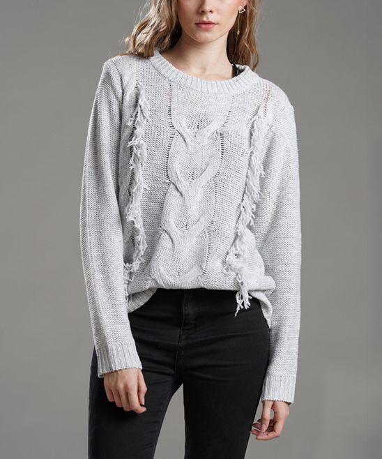 Sueter Women's Pullover Sweaters Grey - Gray Cable-Knit Fringe-Trim Sweater - Women | Zulily