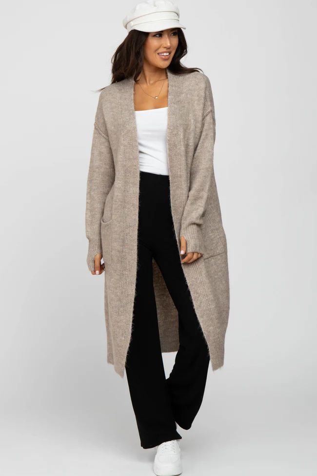 Taupe Long Chunky Knit Cardigan | PinkBlush Maternity