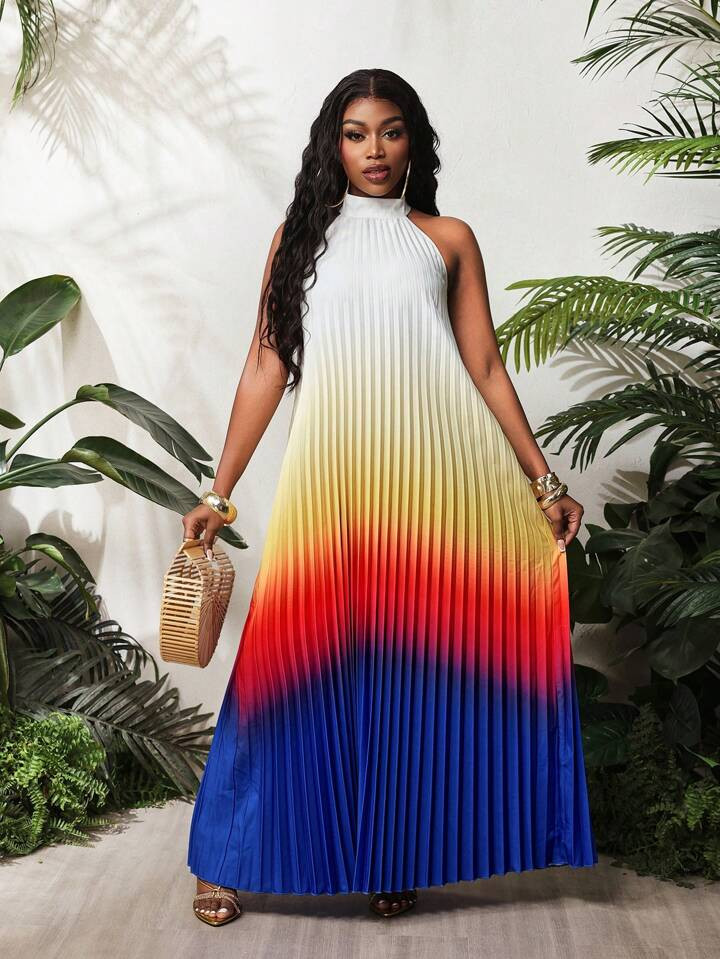 BamGleam Women's Stand Collar Sleeveless Ombre Pleated Casual Dress,Vacation Outfits Woman, Beach Outfits For Woman,Summer Dress,Boho,Hawaiian Clothes For Women | SHEIN