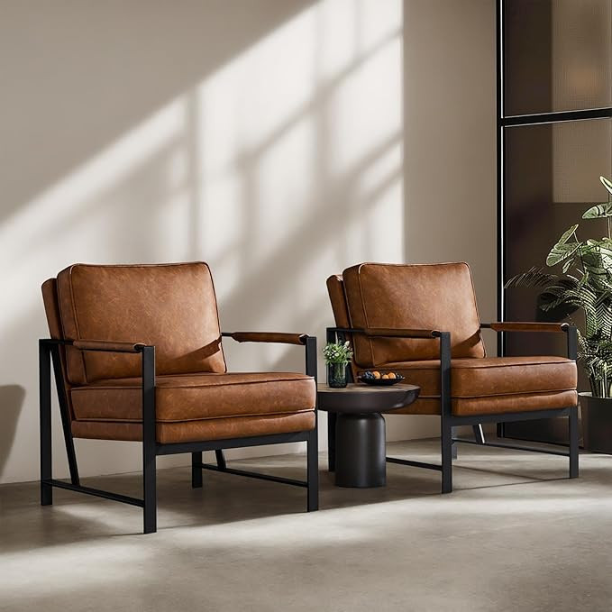 Yaheetech Set of 2 Accent Chairs for Living Room, Oversized Faux Leather Chair, Mid Century Moder... | Amazon (US)