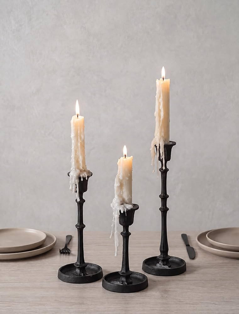 NUPTIO Black Taper Candle Holders: Set of 3 Vintage Cast Iron Candlesticks | Amazon (US)