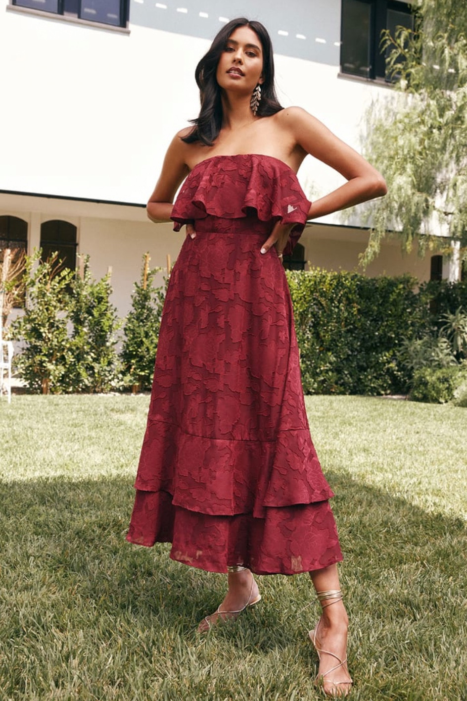 Burgundy lace midi dress, wedding guest dress 

#LTKunder100 #LTKwedding #LTKstyletip