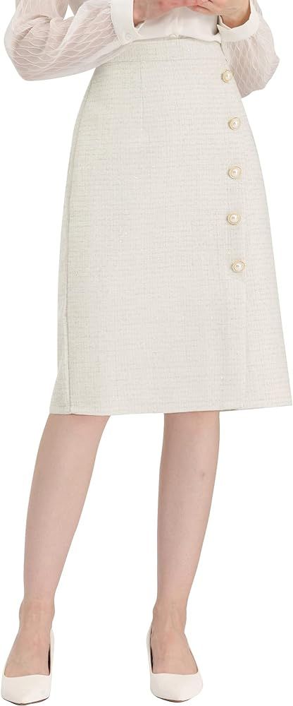 Allegra K Women's Plaid Tweed High Waist Button Decor Shiny Business Elegant Midi Skirt | Amazon (US)