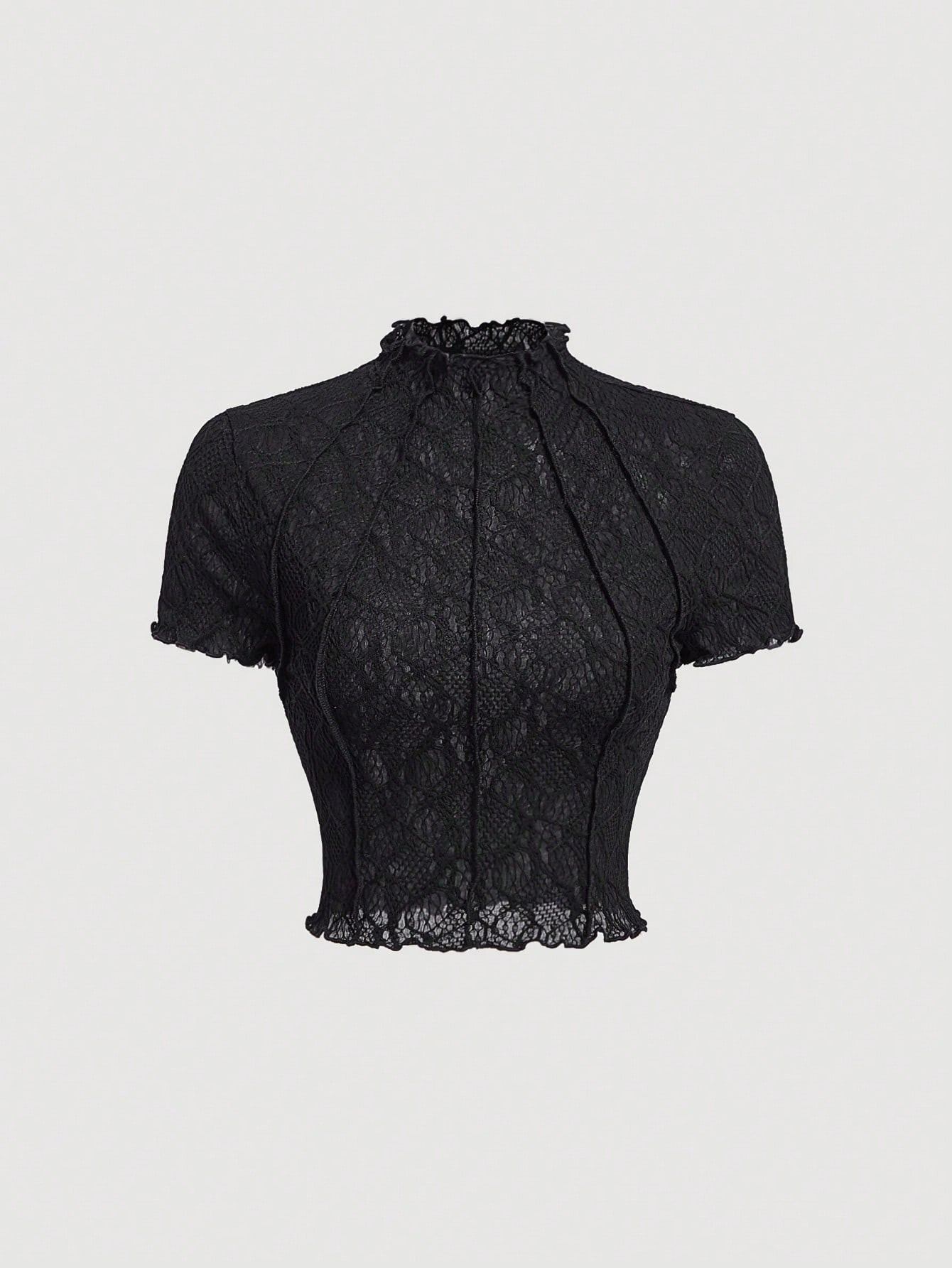 SHEIN MOD Women's Black Knitted Perspective Stand Collar Short Sleeve Slim Fit T-Shirt Suitable F... | SHEIN